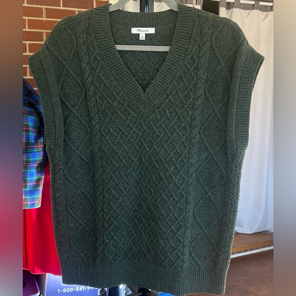 Madewell Oversized Cable Knit Sweater Vest Dark Green Wool Blend Preppy Academia - Picture 7 of 8